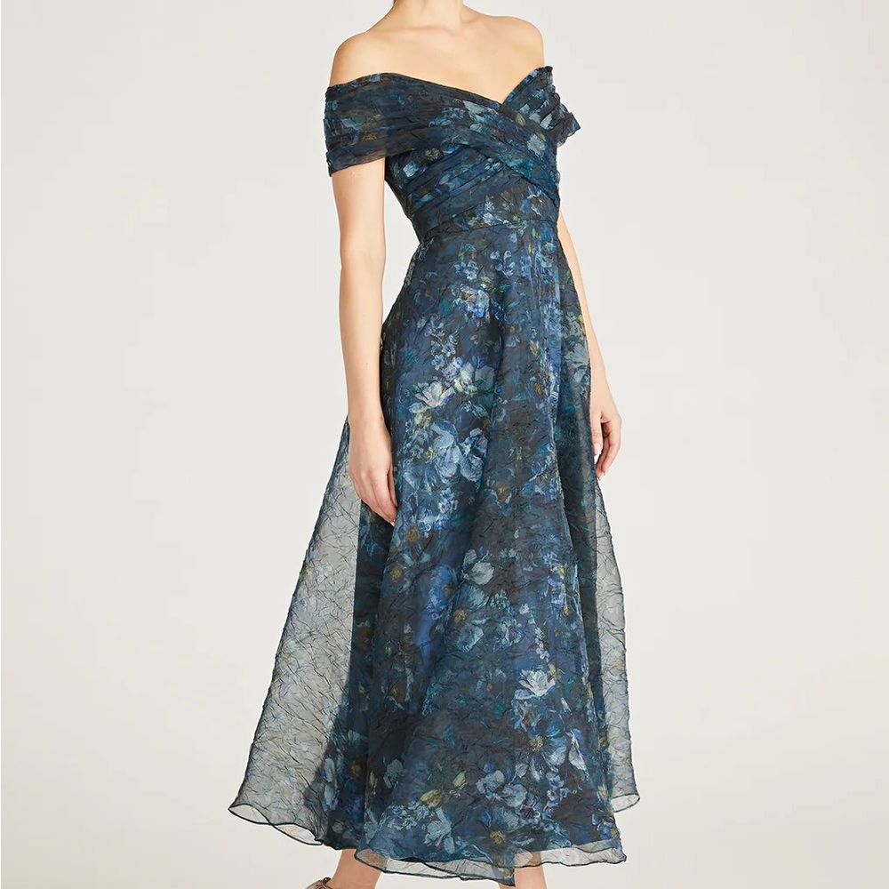 Theia Auden Blue Floral Off-Shoulder Wedding Guest Dress